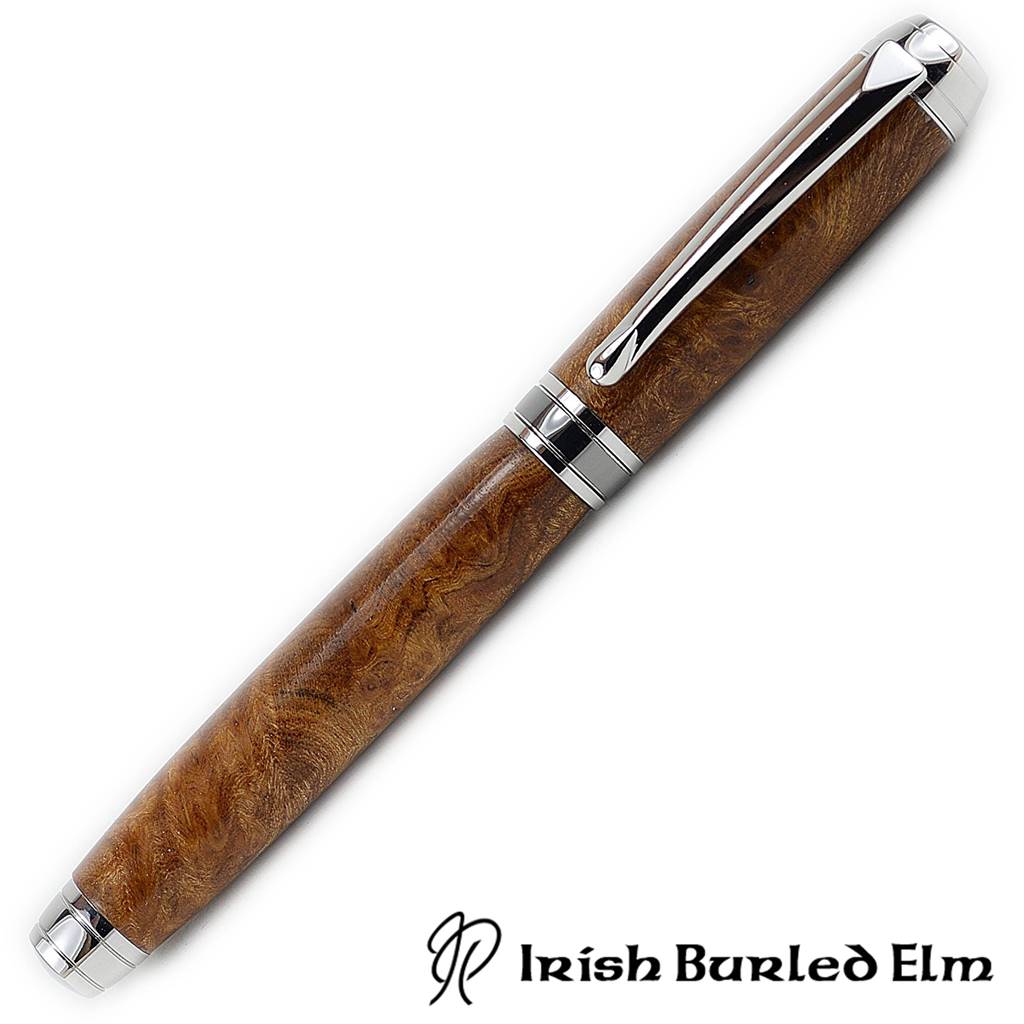 Woodland Rollerball Pen Handmade from Irish Burled Elm with Rhodium and Black Titanium Trim – by Irish Pens
