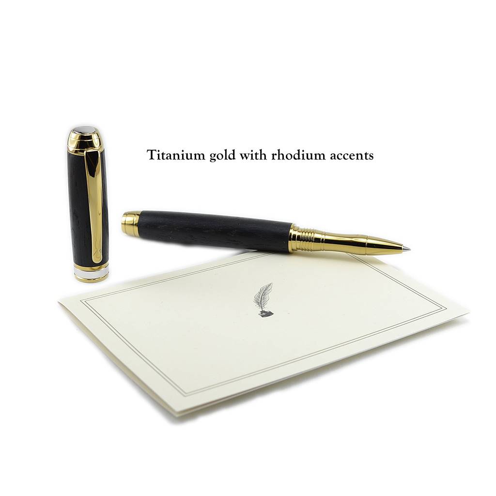 Irish Bog Oak Rollerball Pen – Handmade with Titanium Gold Trim