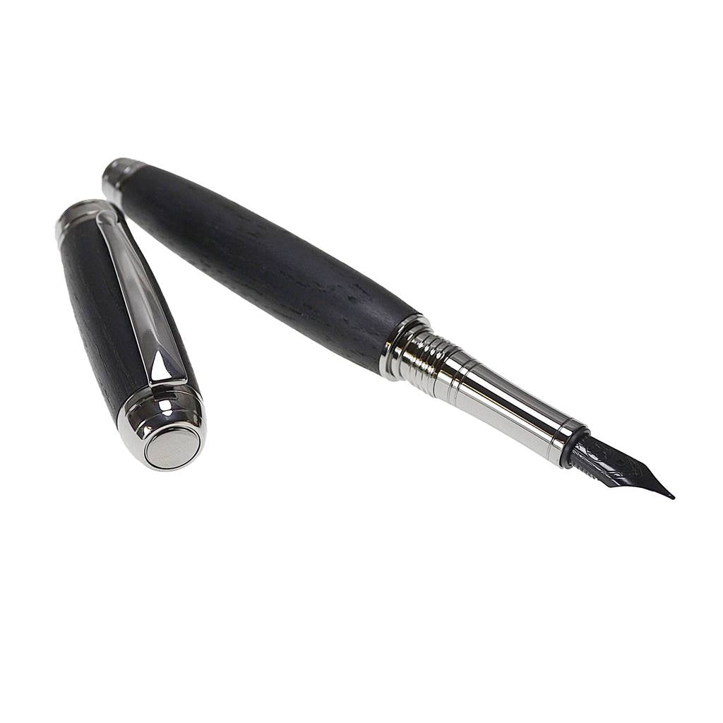 Woodland Fountain Pen handmade from Irish Bog Oak with black titanium trim – handcrafted Irish pen by Irish Pens