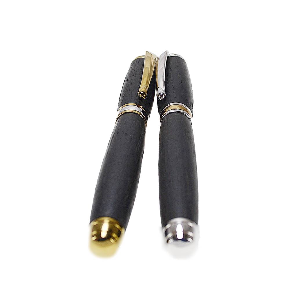 Irish Bog Oak His & Hers Rollerball Pen Gift Set with Rhodium and Gold Titanium Trim