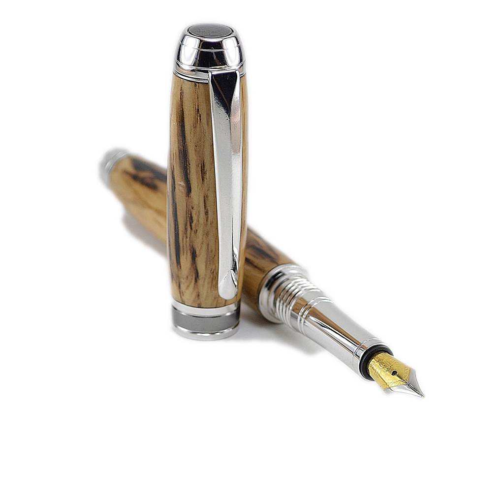 Handmade Woodland Fountain Pen crafted from Irish Whiskey Oak with Rhodium and Black Titanium trim, presented in a deluxe gift box.