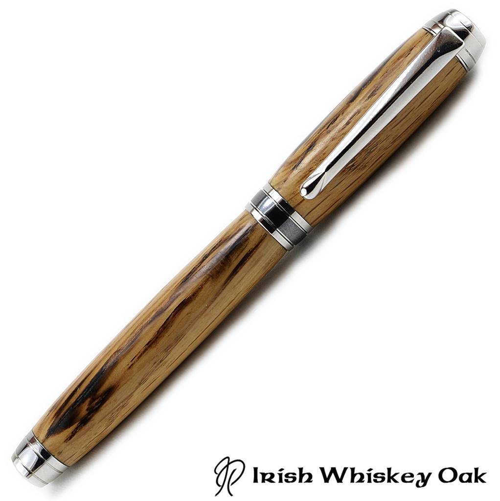 Handmade Woodland Fountain Pen crafted from Irish Whiskey Oak with Rhodium and Black Titanium trim, presented in a deluxe gift box.