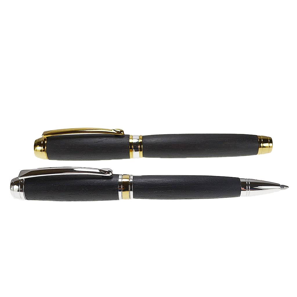 Woodland Gift Set – Irish Bog Oak Fountain and Ballpoint Pens with Rhodium and Gold Titanium Trim