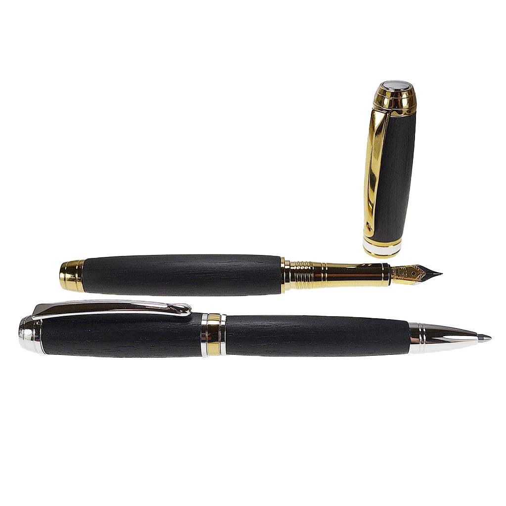 Woodland Gift Set – Irish Bog Oak Fountain and Ballpoint Pens with Rhodium and Gold Titanium Trim