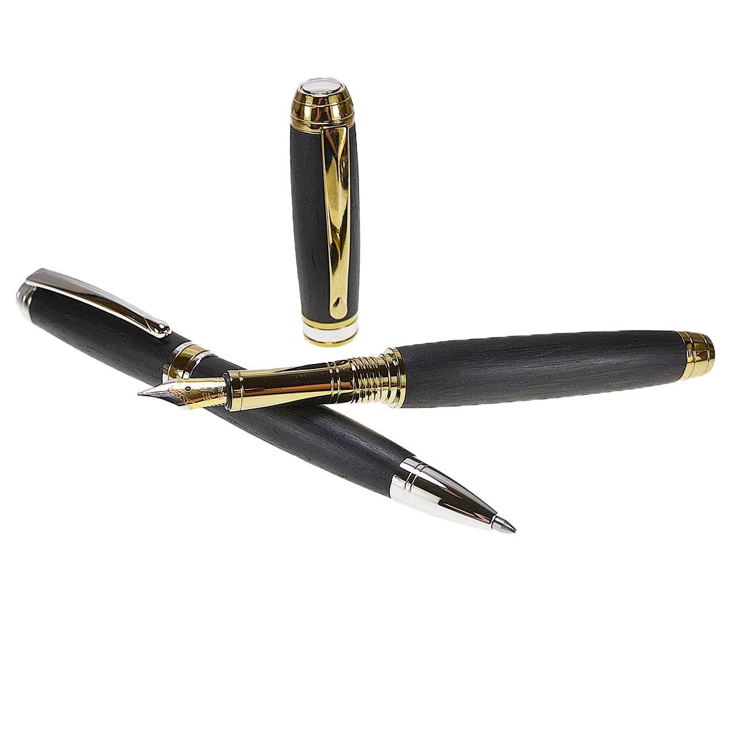 Woodland Gift Set – Irish Bog Oak Fountain and Ballpoint Pens with Rhodium and Gold Titanium Trim