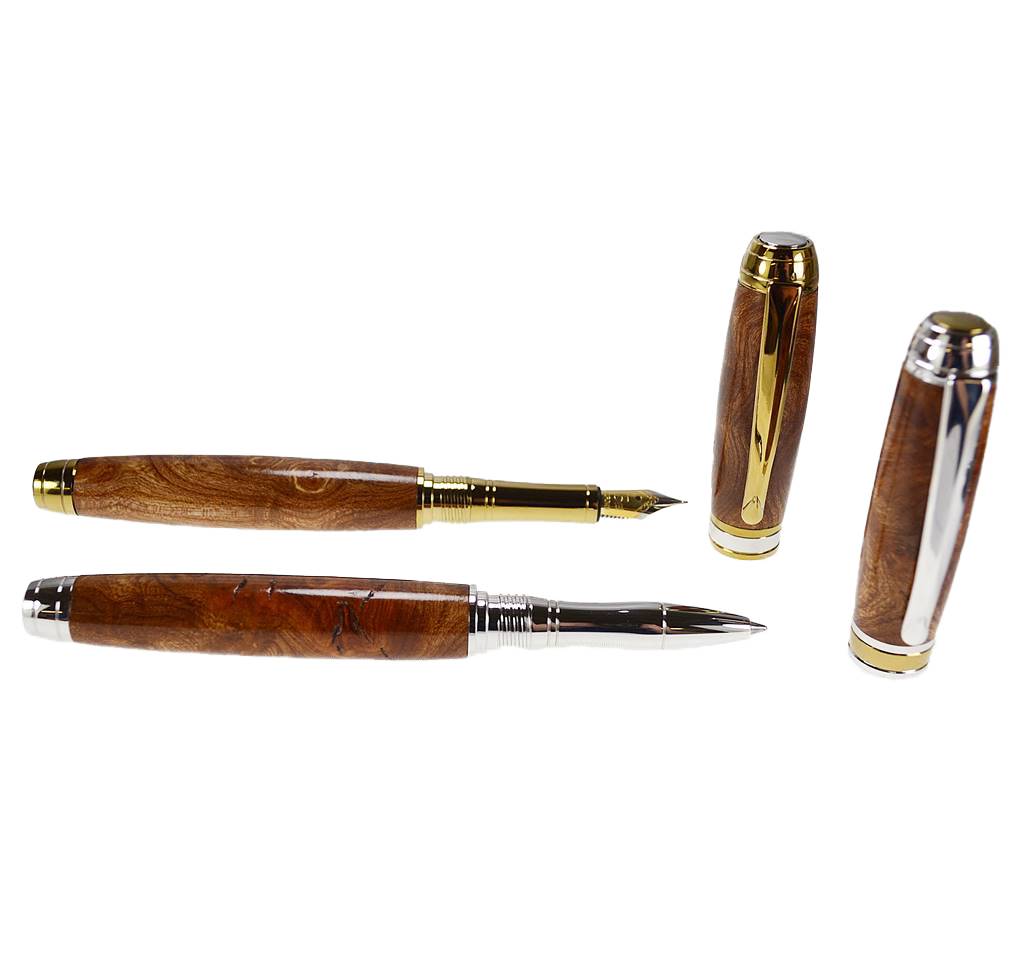 Woodland Gift Set – Irish Burled Elm Fountain and Rollerball Pens with Rhodium and Gold Trim