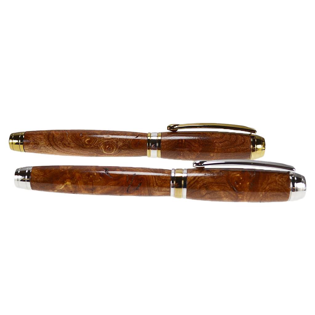 Woodland Gift Set – Irish Burled Elm Fountain and Rollerball Pens with Rhodium and Gold Trim