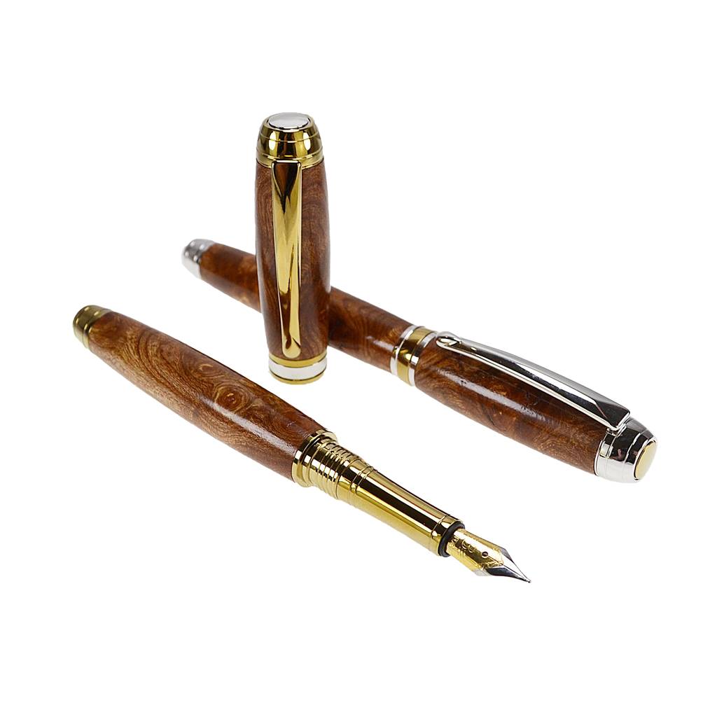 Woodland Gift Set – Irish Burled Elm Fountain and Rollerball Pens with Rhodium and Gold Trim