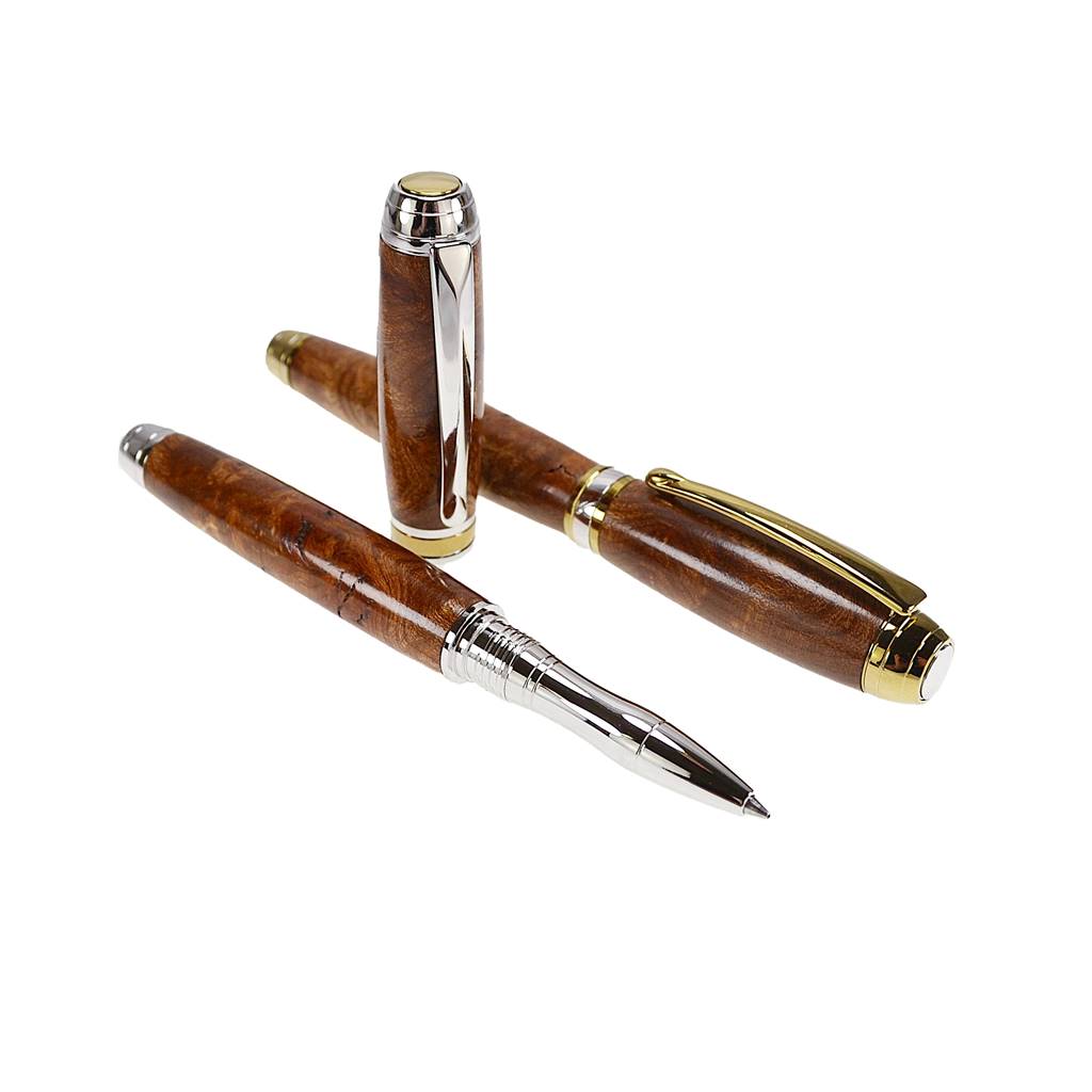 Woodland Gift Set – Irish Burled Elm Fountain and Rollerball Pens with Rhodium and Gold Trim