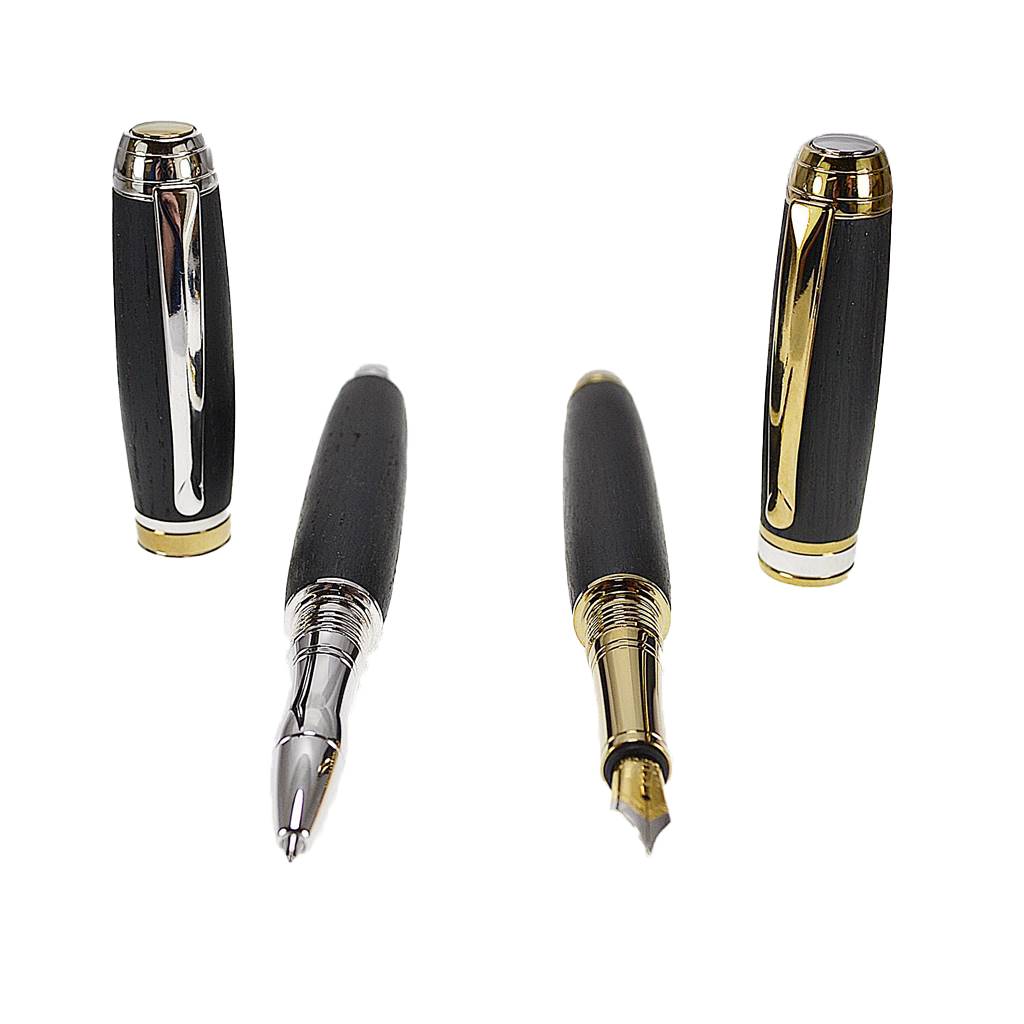 Woodland Writing Gift Set – Fountain and Rollerball Pens in Irish Bog Oak with Rhodium and Gold Trim