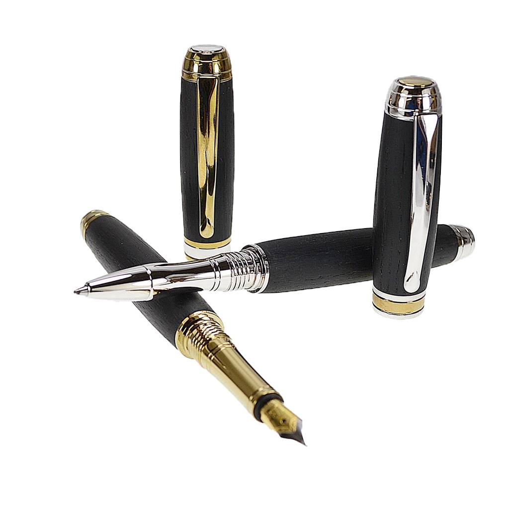 Woodland Writing Gift Set – Fountain and Rollerball Pens in Irish Bog Oak with Rhodium and Gold Trim