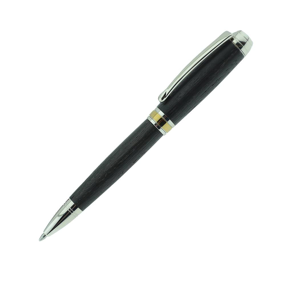 Handmade Woodland Ballpoint Pen crafted from 5,000-year-old Irish Bog Oak with Rhodium and Gold Titanium trim, presented in a luxury case—an elegant, refillable pen celebrating Irish heritage and craftsmanship.