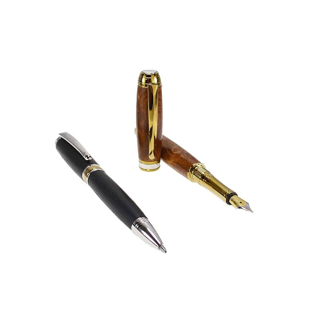 Woodland Gift Set – Burled Elm Fountain and Bog Oak Ballpoint Pens with Rhodium and Gold Trim