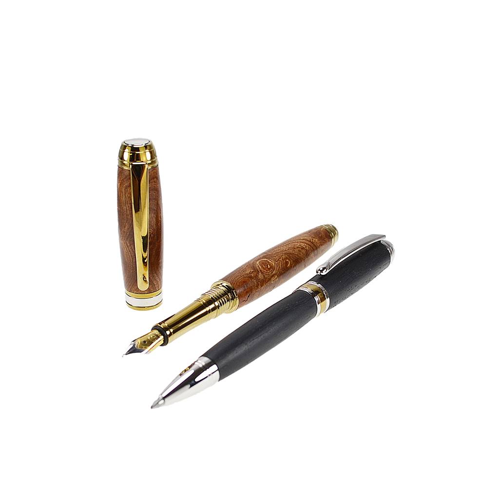 Woodland Gift Set – Burled Elm Fountain and Bog Oak Ballpoint Pens with Rhodium and Gold Trim