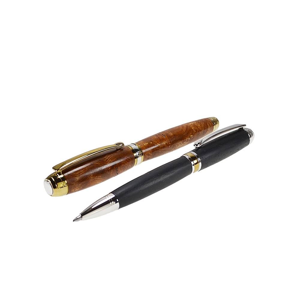 Woodland Gift Set – Burled Elm Fountain and Bog Oak Ballpoint Pens with Rhodium and Gold Trim