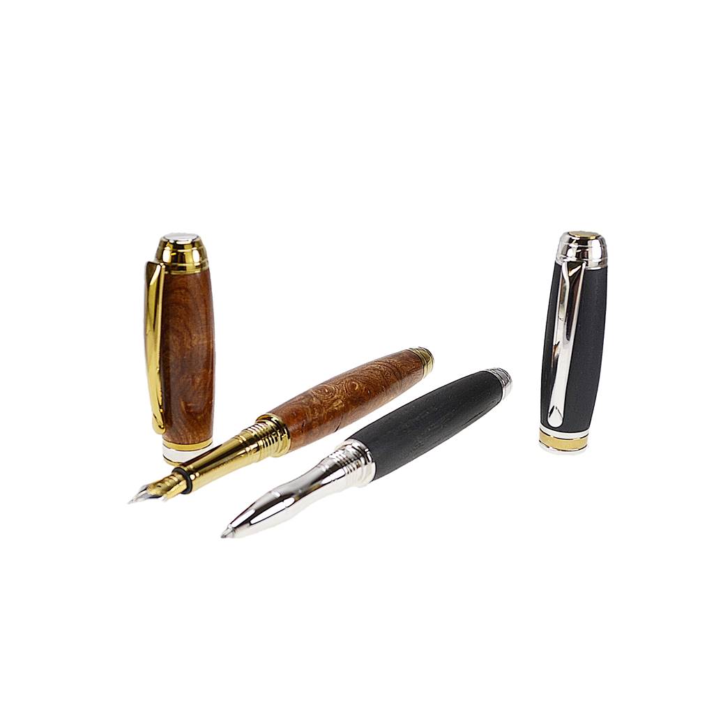 Woodland Gift Set – Irish Burled Elm & Bog Oak Fountain and Rollerball Pens with Rhodium and Gold Trim