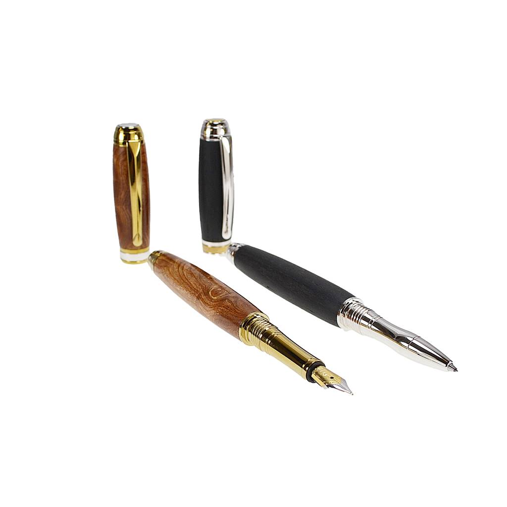 Woodland Gift Set – Irish Burled Elm & Bog Oak Fountain and Rollerball Pens with Rhodium and Gold Trim