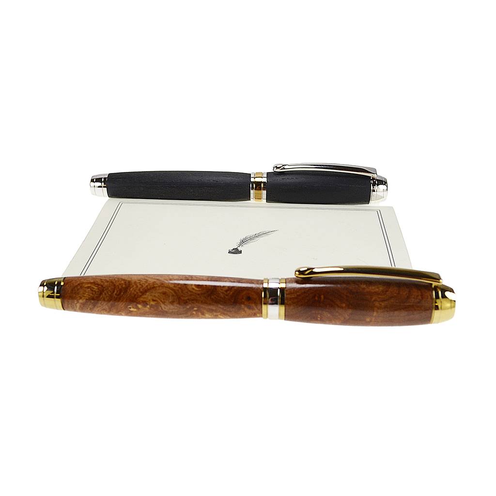 Woodland Gift Set – Irish Burled Elm & Bog Oak Fountain and Rollerball Pens with Rhodium and Gold Trim