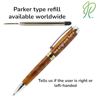 Refillable handcrafted pen made from rare burled Irish Elm – presented in gift box