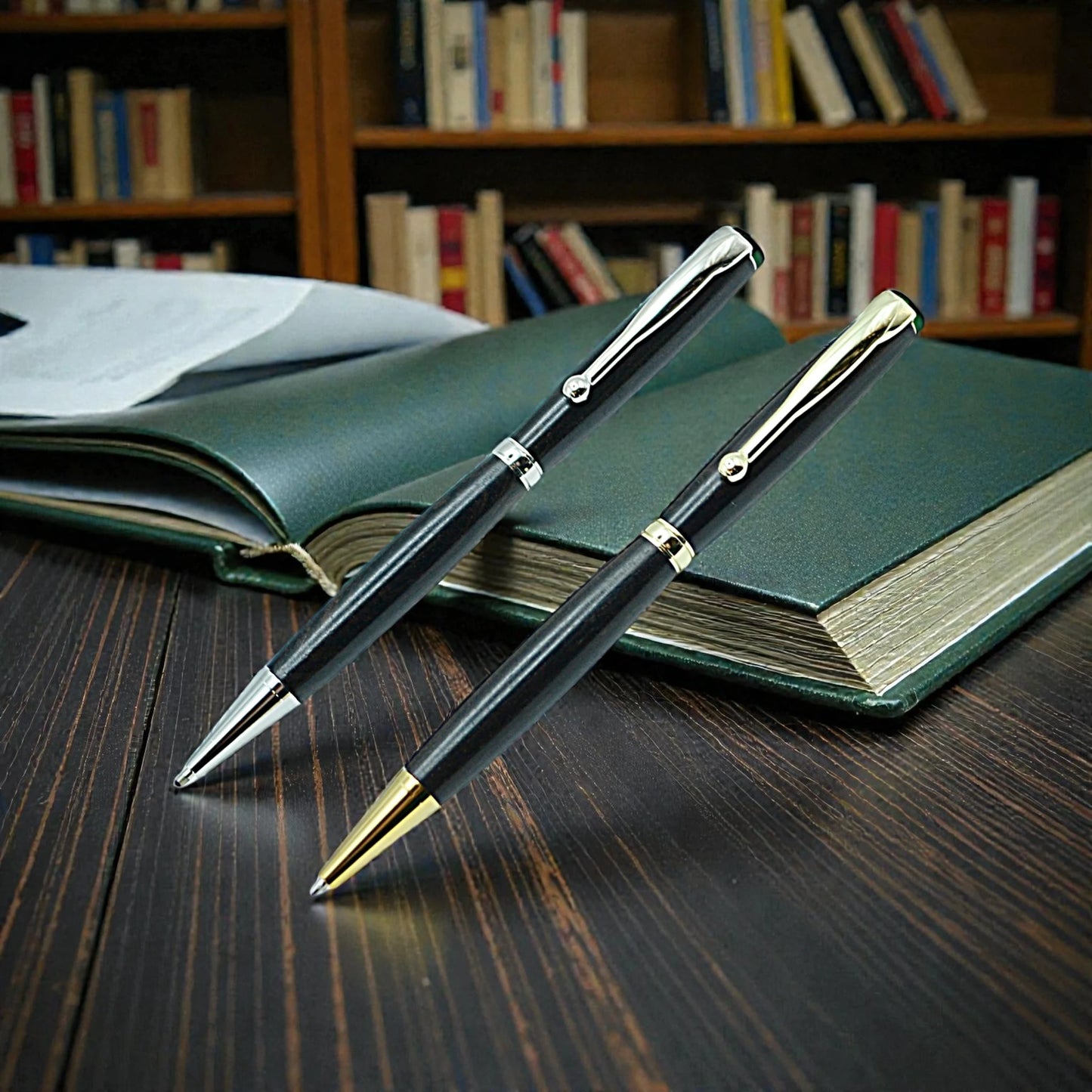 Handmade Emerald Ballpoint Pen in African Blackwood – Luxury Irish Wooden Writing Pen Gift from Irish Pens