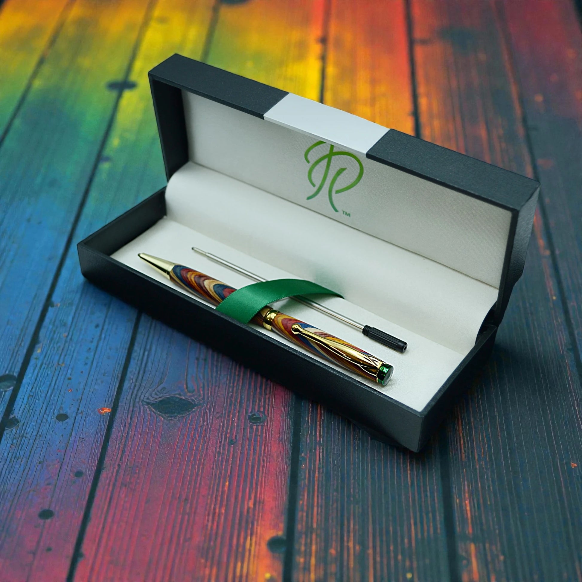 Handmade Emerald Ballpoint Pen in Rainbow Wood – Colourful Irish Wooden Writing Pen Gift by Irish Pens