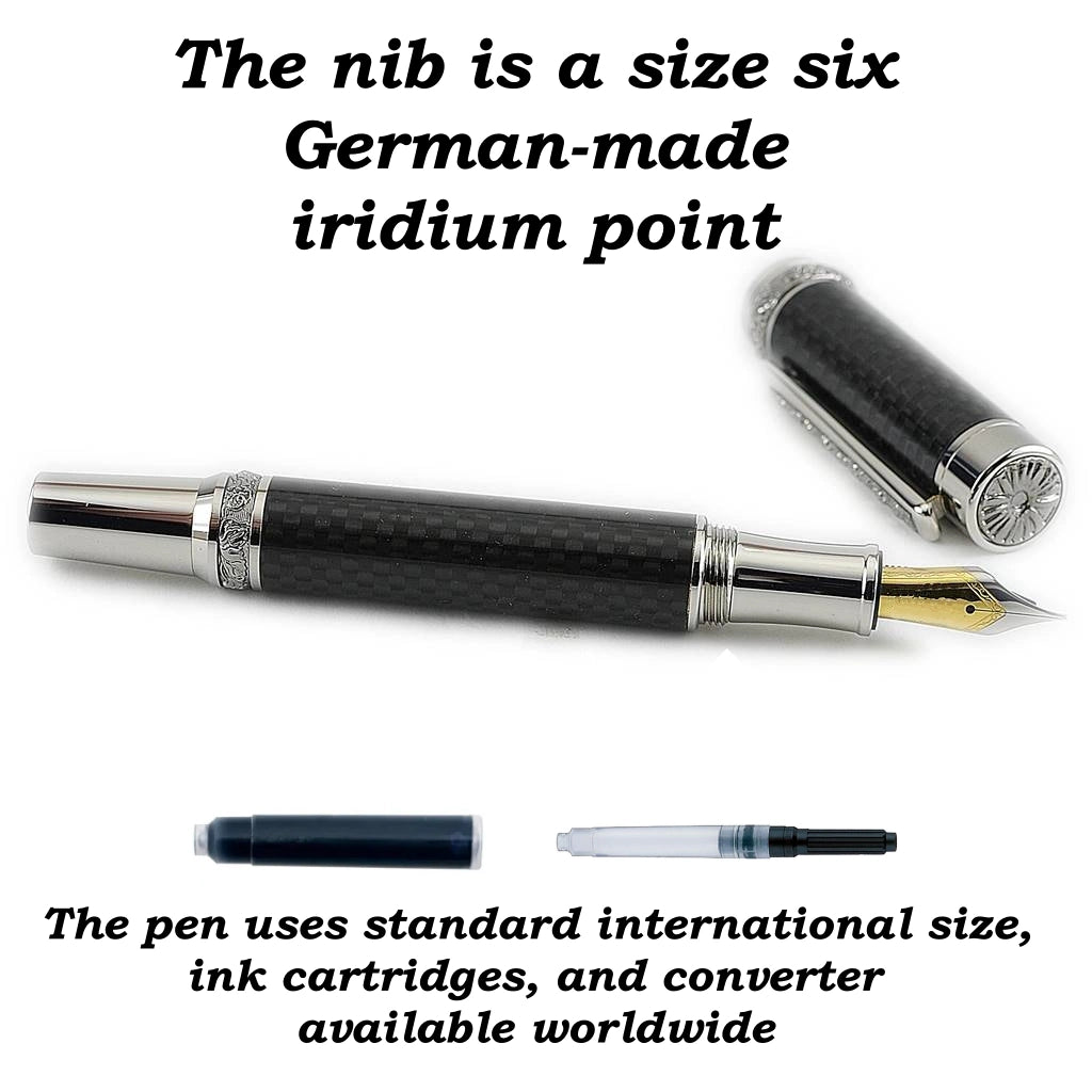 Handmade Carbon Fibre Fountain Pen with Rhodium & Titanium Trim – Irish-Made Luxury Writing Instrument