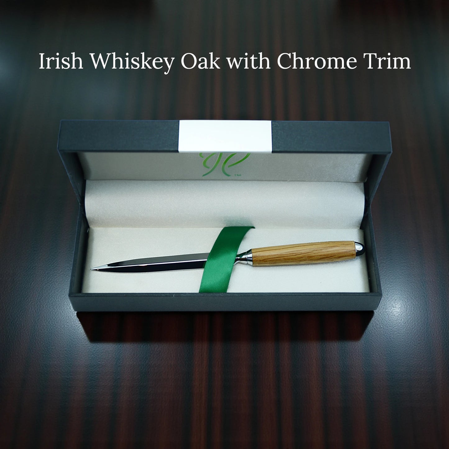 Handmade wooden letter opener with gold, chrome, or gunmetal trim from Irish Pens