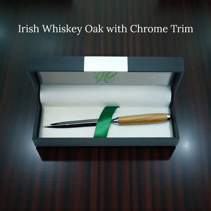 Handmade wooden letter opener with gold, chrome, or gunmetal trim from Irish Pens
