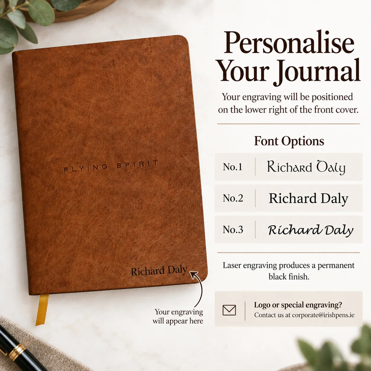 Brown leather notebook with engraved text and branding information on a white background