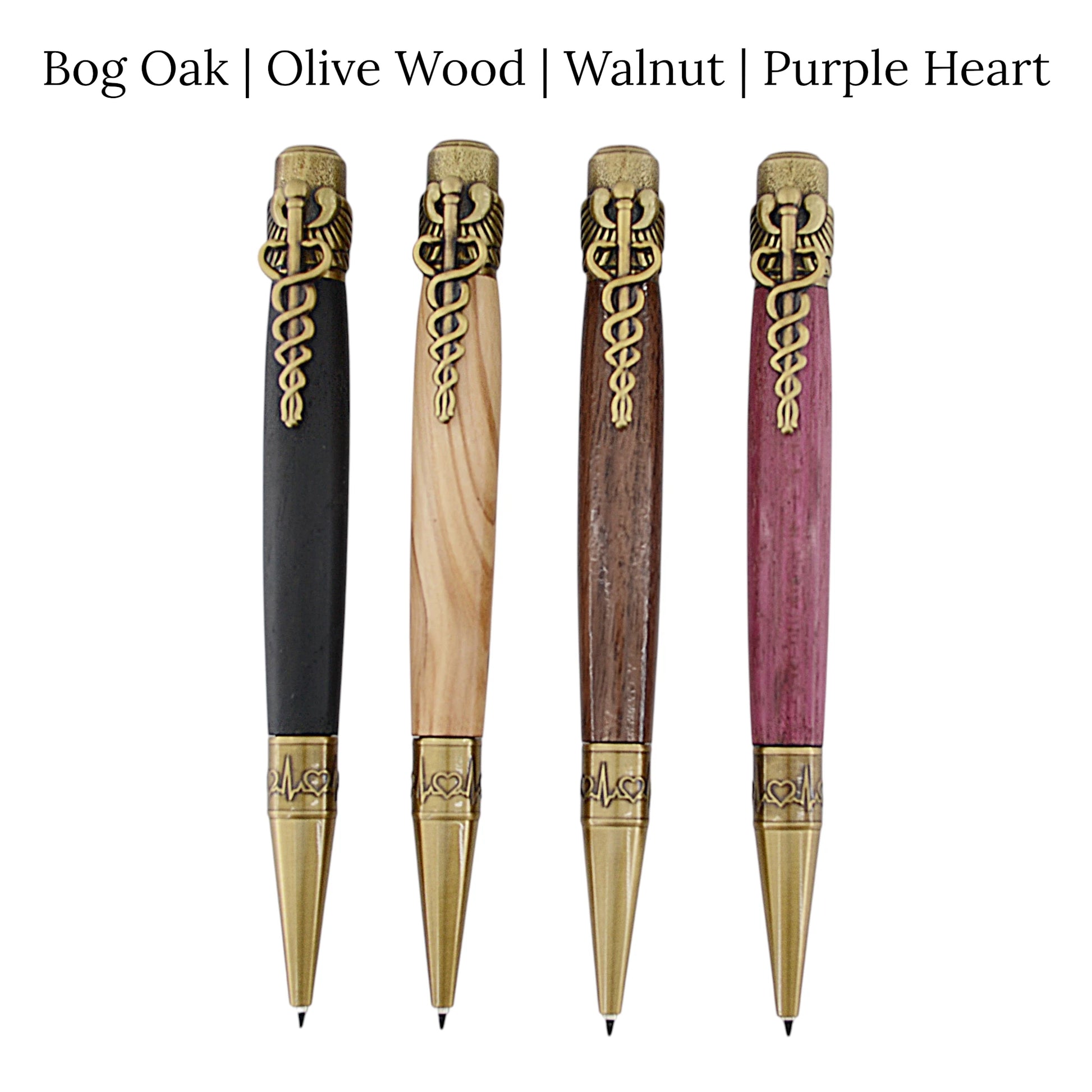 Cura Medical Pen hand-turned in Irish Bog Oak, Olive Wood, Irish Walnut and Purpleheart with antique brass caduceus detail