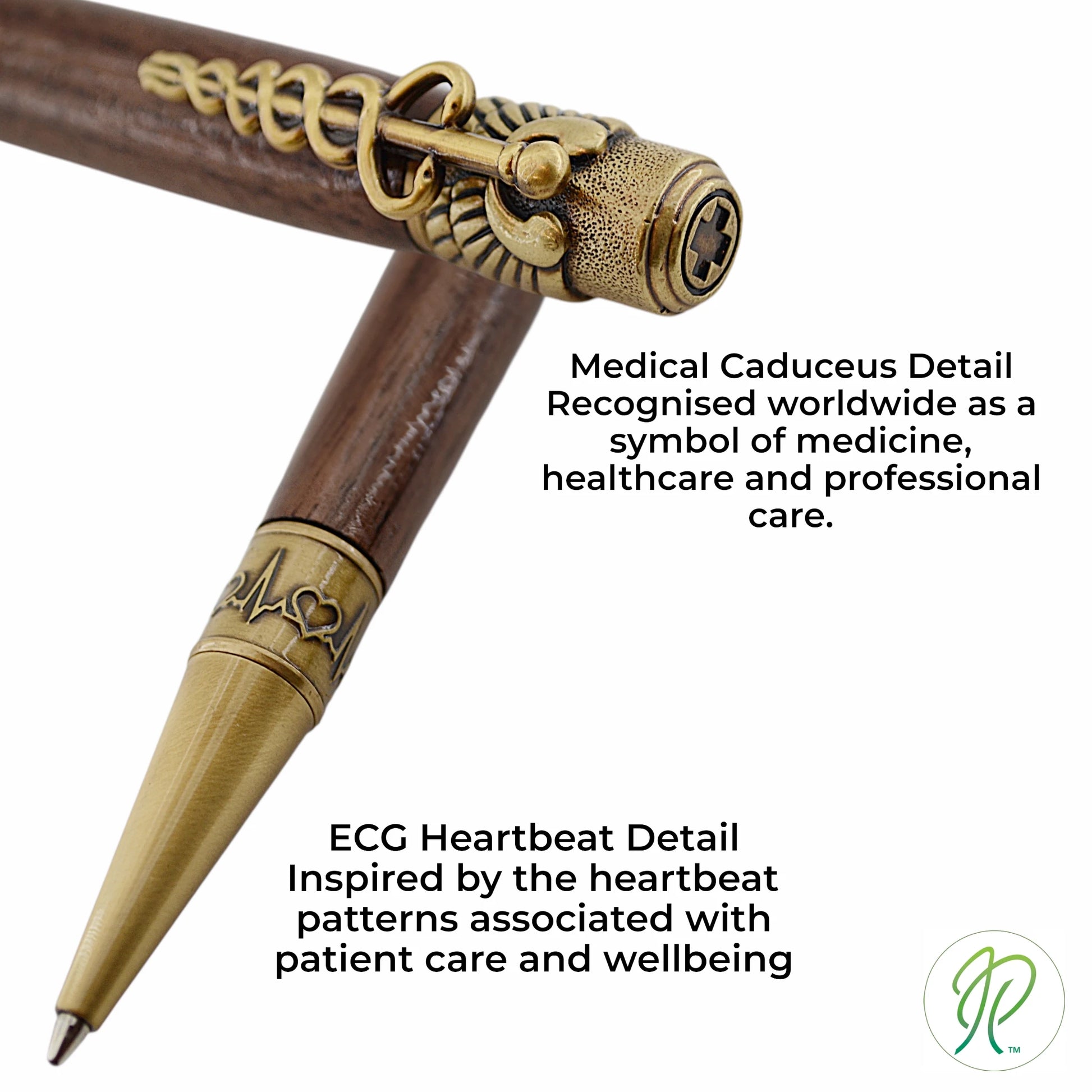 Close-up of Cura Medical Pen caduceus clip with intertwined serpents and medical cross