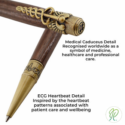 Close-up of Cura Medical Pen caduceus clip with intertwined serpents and medical cross