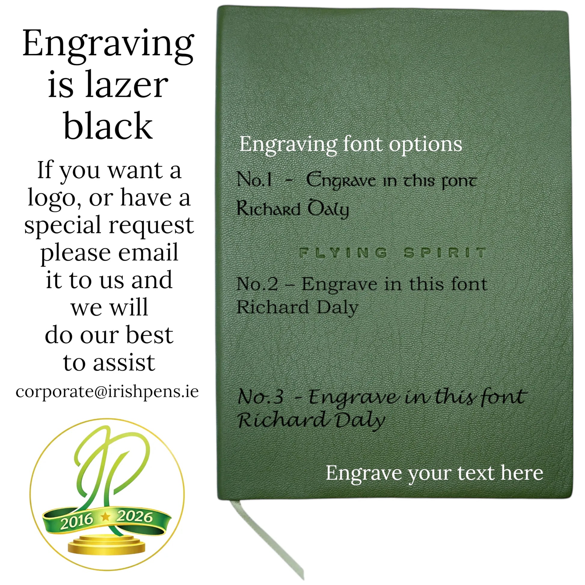 Emerald green leather journal Ireland gift – personalised Moroccan notebook by Irish Pens