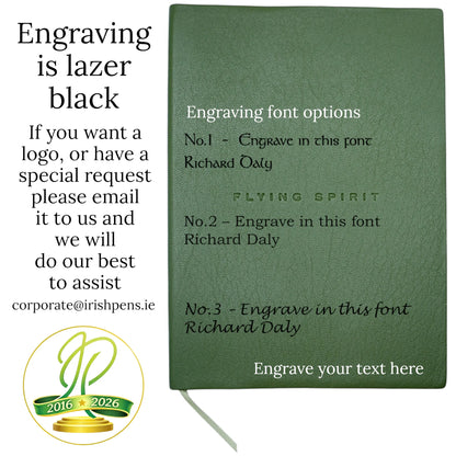 Emerald green leather journal Ireland gift – personalised Moroccan notebook by Irish Pens