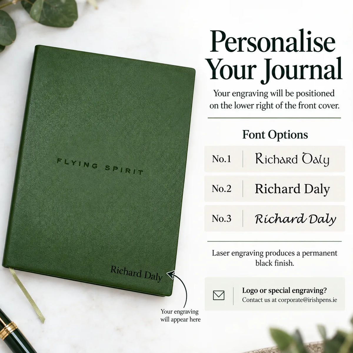 Emerald green leather journal Ireland gift – personalised Moroccan notebook by Irish Pens