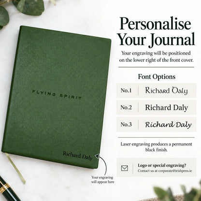 Emerald green leather journal Ireland gift – personalised Moroccan notebook by Irish Pens