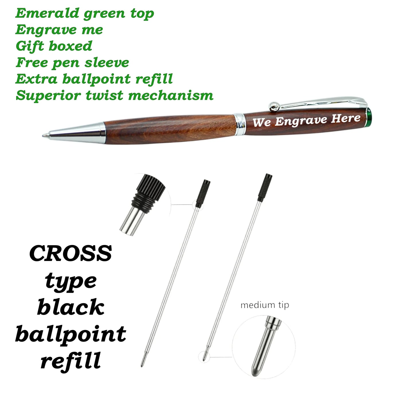 Handmade Emerald Ballpoint Pen in Rosewood – Luxury Irish Wooden Writing Pen Gift by Irish Pens