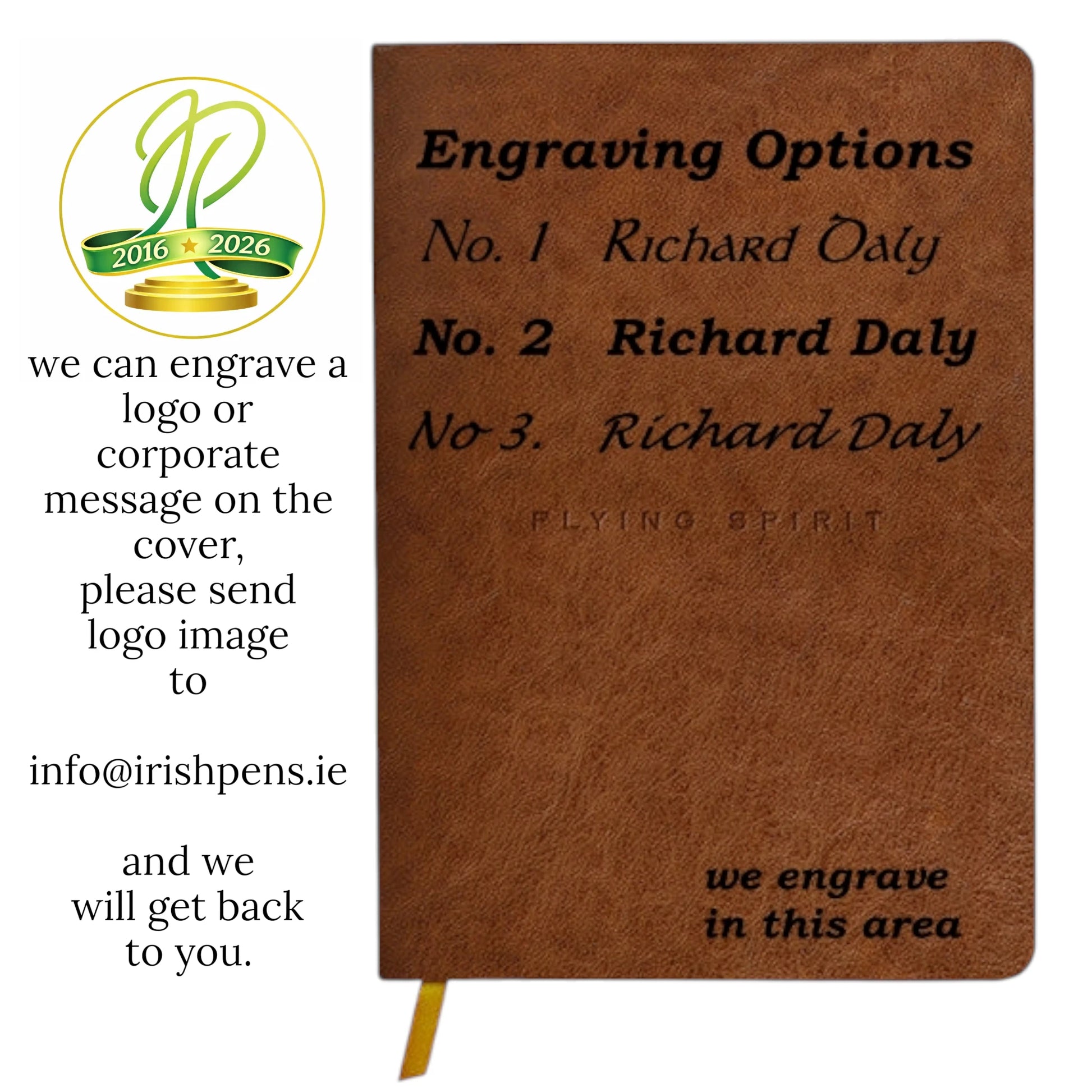 Brown leather notebook with engraved text and branding information on a white background