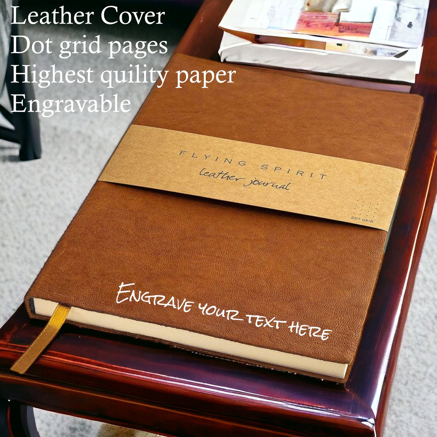 Genuine leather bound journal cognac Flying Spirit dot grid A5