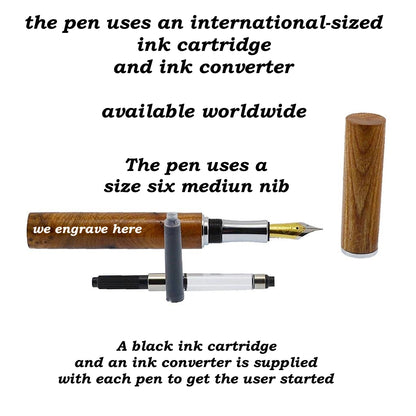 Feadán Fountain Pen – Handmade from rare Irish Burled Elm with Peter Bock size 6 nib, minimalist tubular design