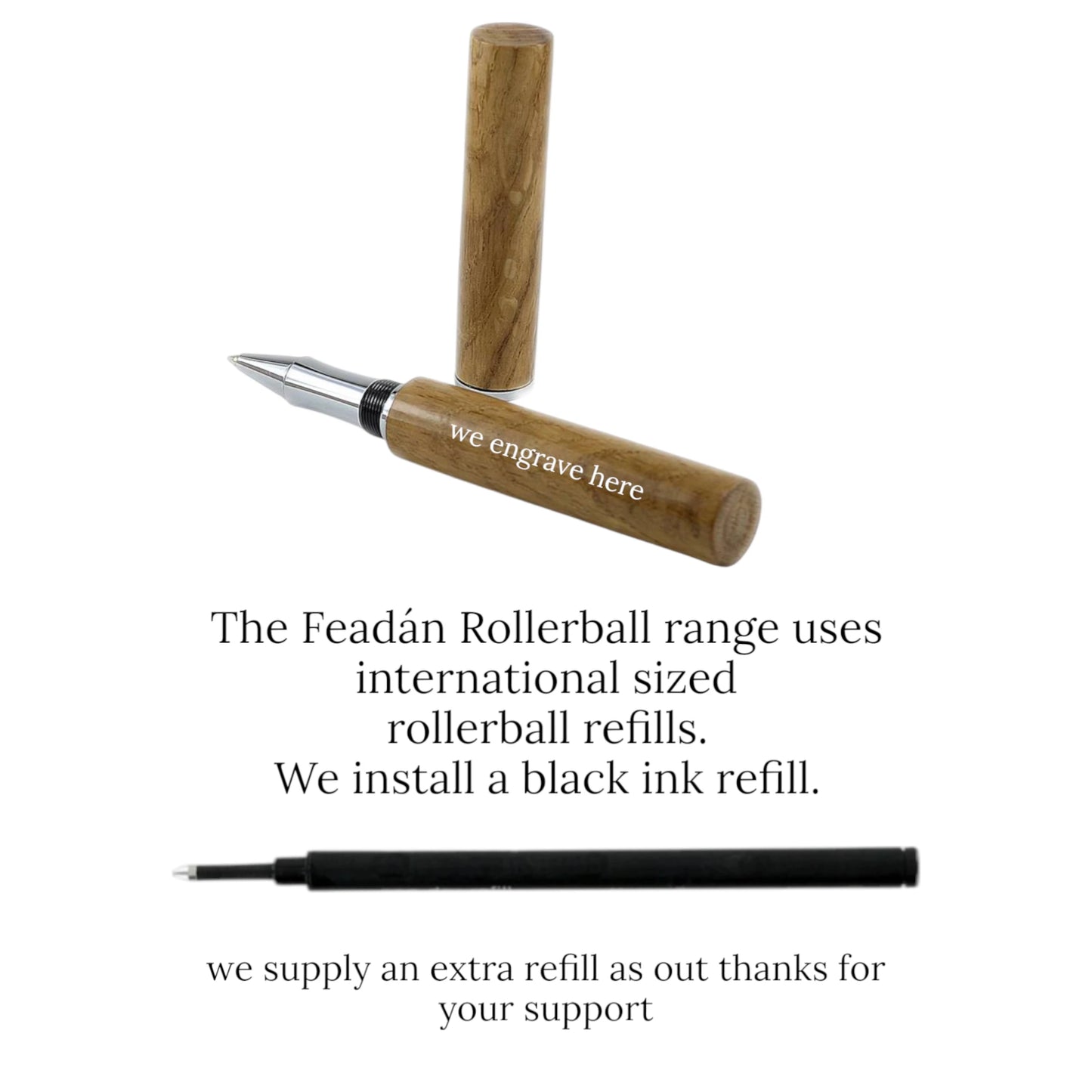 Handmade Feadán Rollerball Pen in Irish Bog Oak with Black Chrome Trim
