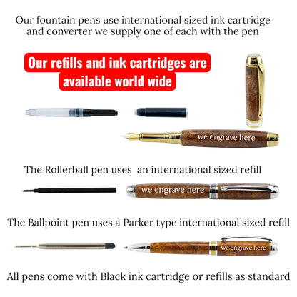 Woodland Gift Set – Irish Burled Elm & Bog Oak Fountain and Rollerball Pens with Rhodium and Gold Trim

