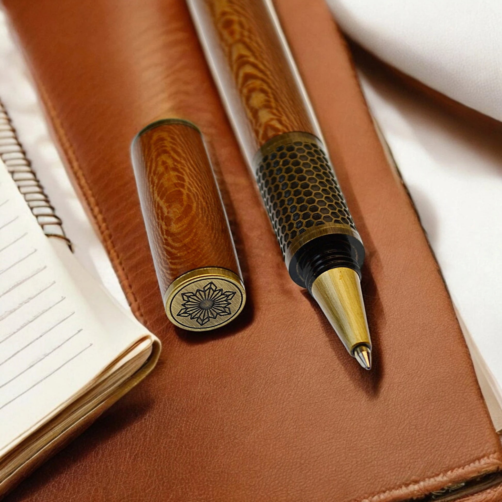 Handmade Hive Rollerball Pen crafted from English Plane wood with antique brass trim

