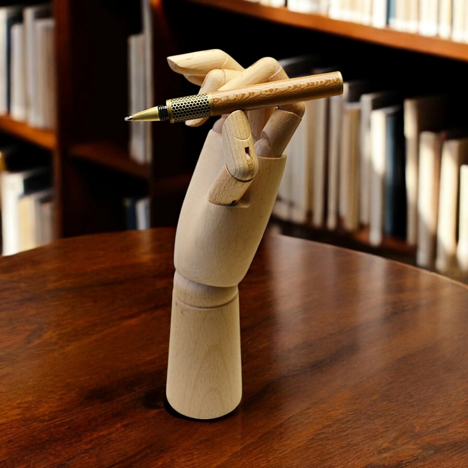 Handmade Hive Rollerball Pen crafted from English Plane wood with antique brass trim

