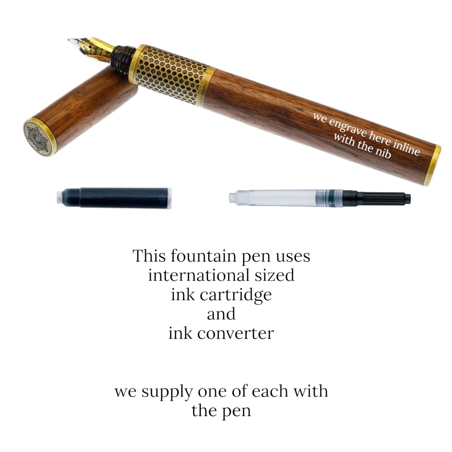 Hive Fountain Pen handmade from English Plane wood with antique brass trim – luxury Irish writing gift