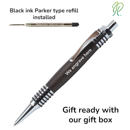 Handmade Irish Bog Oak ballpoint pen with O-ring grip and mechanical nut-style clicker – refillable and presented in a luxury gift box