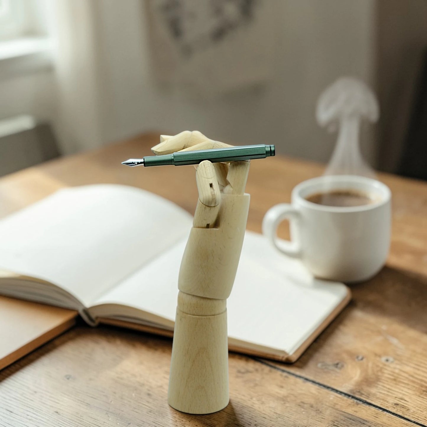 Rhodia ScRipt fountain pen in orange and sage green aluminium body on wooden desk – fast dispatch Ireland