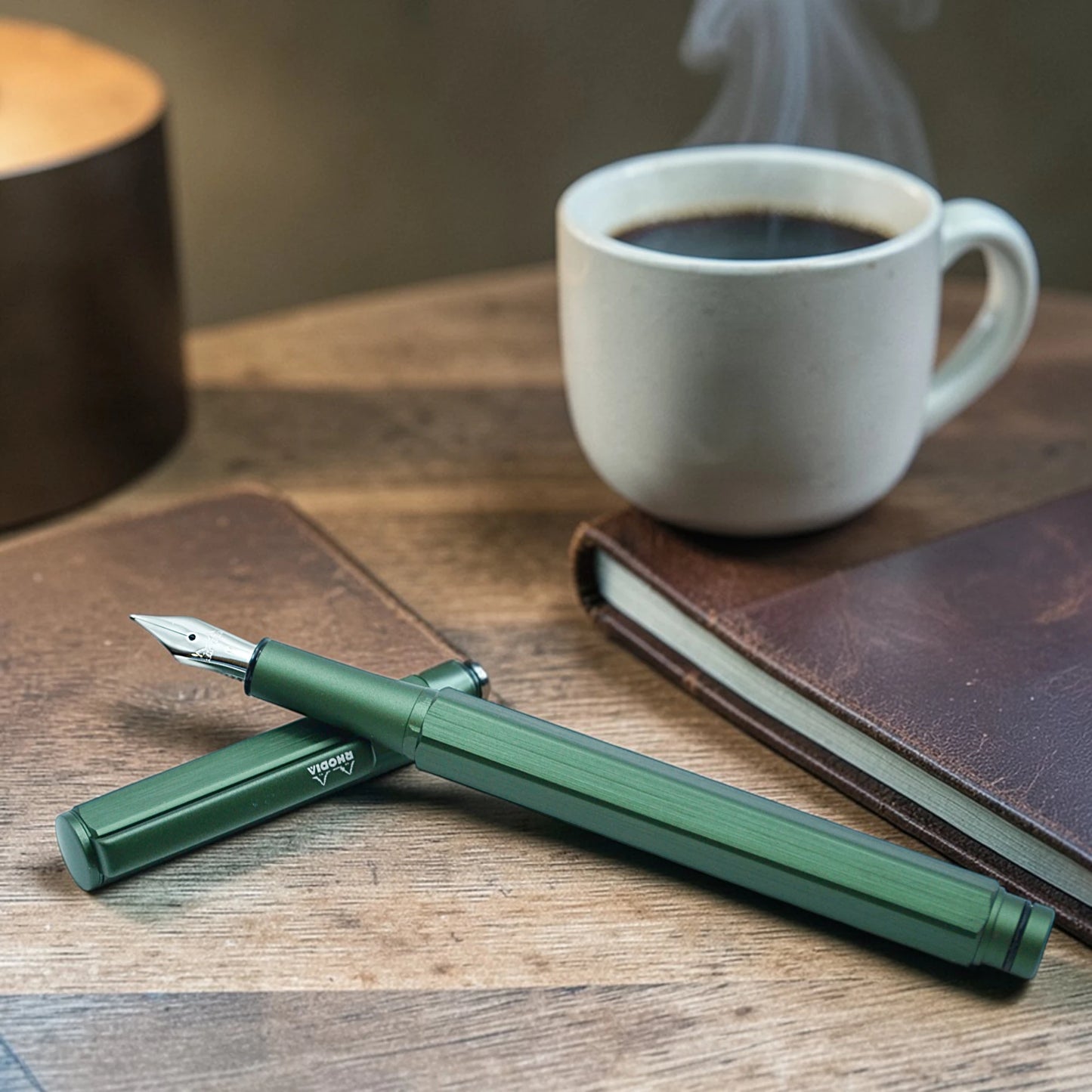 Rhodia ScRipt fountain pen in orange and sage green aluminium body on wooden desk – fast dispatch Ireland