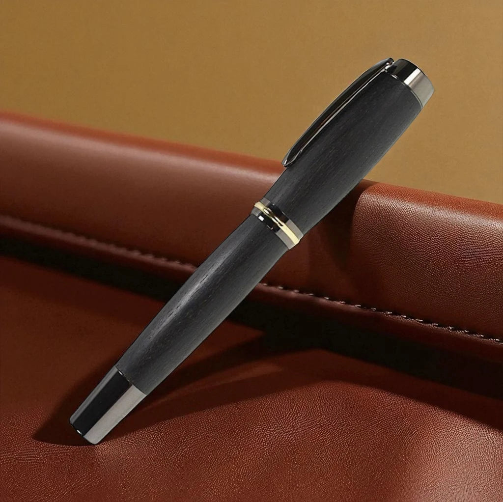 Shannon Eclipse Rollerball Pen Handmade from Irish Bog Oak with Rhodium and Gold Titanium Trim – by Irish Pens