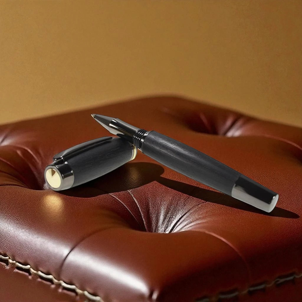 Shannon Eclipse Rollerball Pen Handmade from Irish Bog Oak with Rhodium and Gold Titanium Trim – by Irish Pens